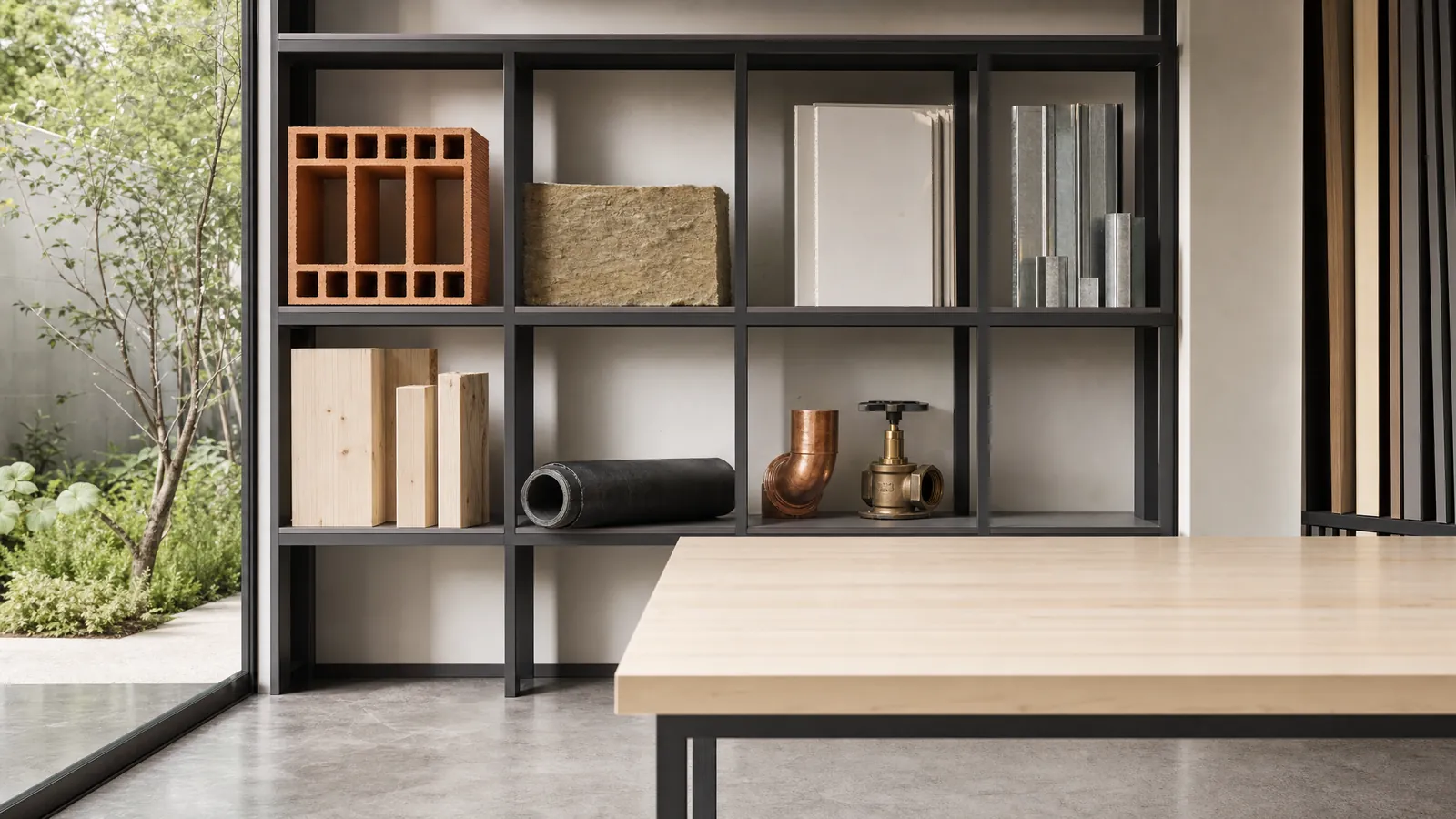 Construction materials, pipes, insulation and structural samples in a sourcing studio