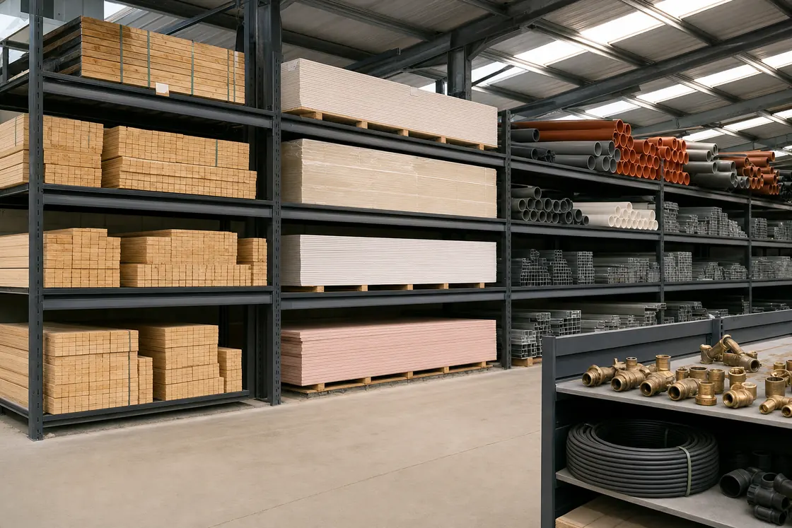 Building-material distribution shelves with pipes, fixings, insulation and supplies