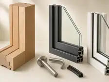 Window and joinery profiles, glazing, timber and hardware samples displayed together.