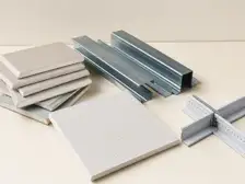 Plasterboard, steel partition profiles and acoustic ceiling samples.