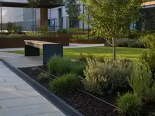 Outdoor landscaping with planting beds, turf, paving, seating and irrigation context.