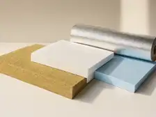 Mineral wool, rigid insulation boards and a reflective membrane roll shown as separate material samples.
