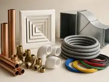 Pipes, valves, electrical cables, protective conduit and ventilation components.