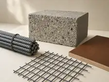 Reinforcement steel, concrete, aggregate, timber and formwork materials in a supply-yard scene.