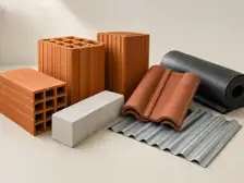 Bricks, lightweight blocks, roof sheets and cladding materials arranged together.