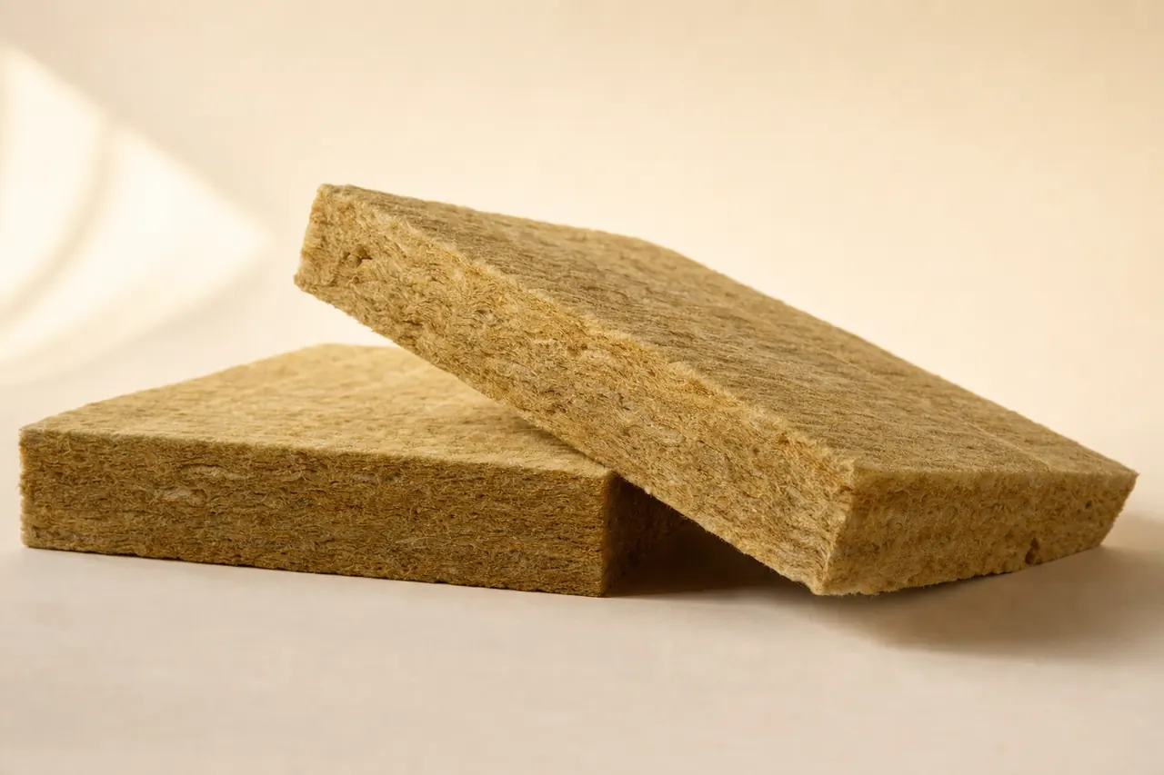 Thick golden-brown mineral wool batts with visible fibrous edges.