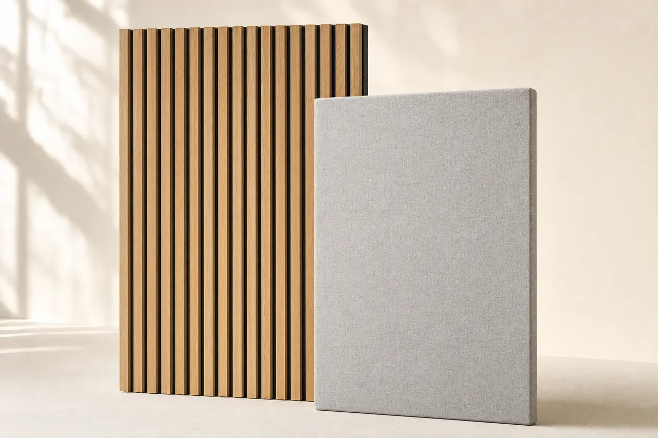 A wooden slat acoustic panel beside a grey fabric-faced panel.