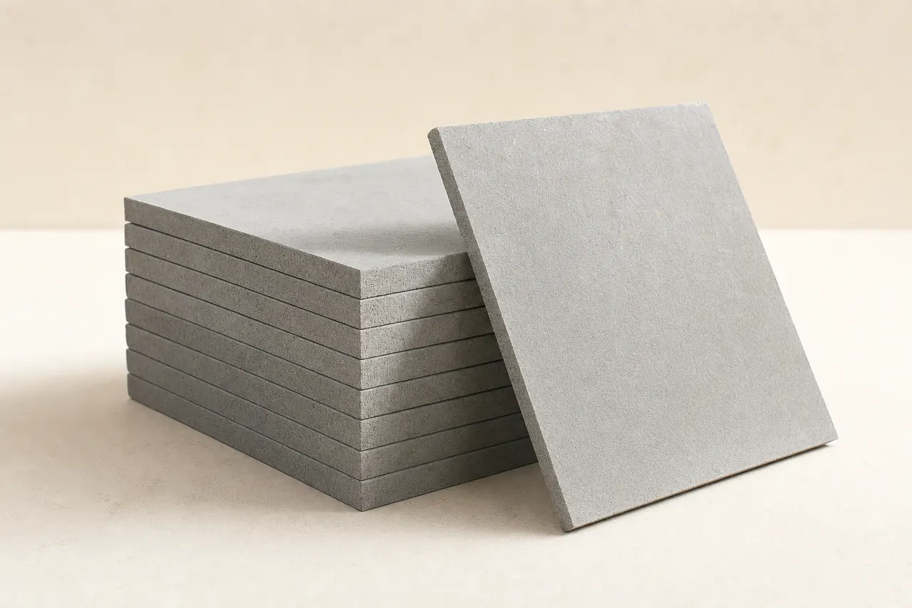 Thin grey cement boards stacked with their dense cut edges visible.