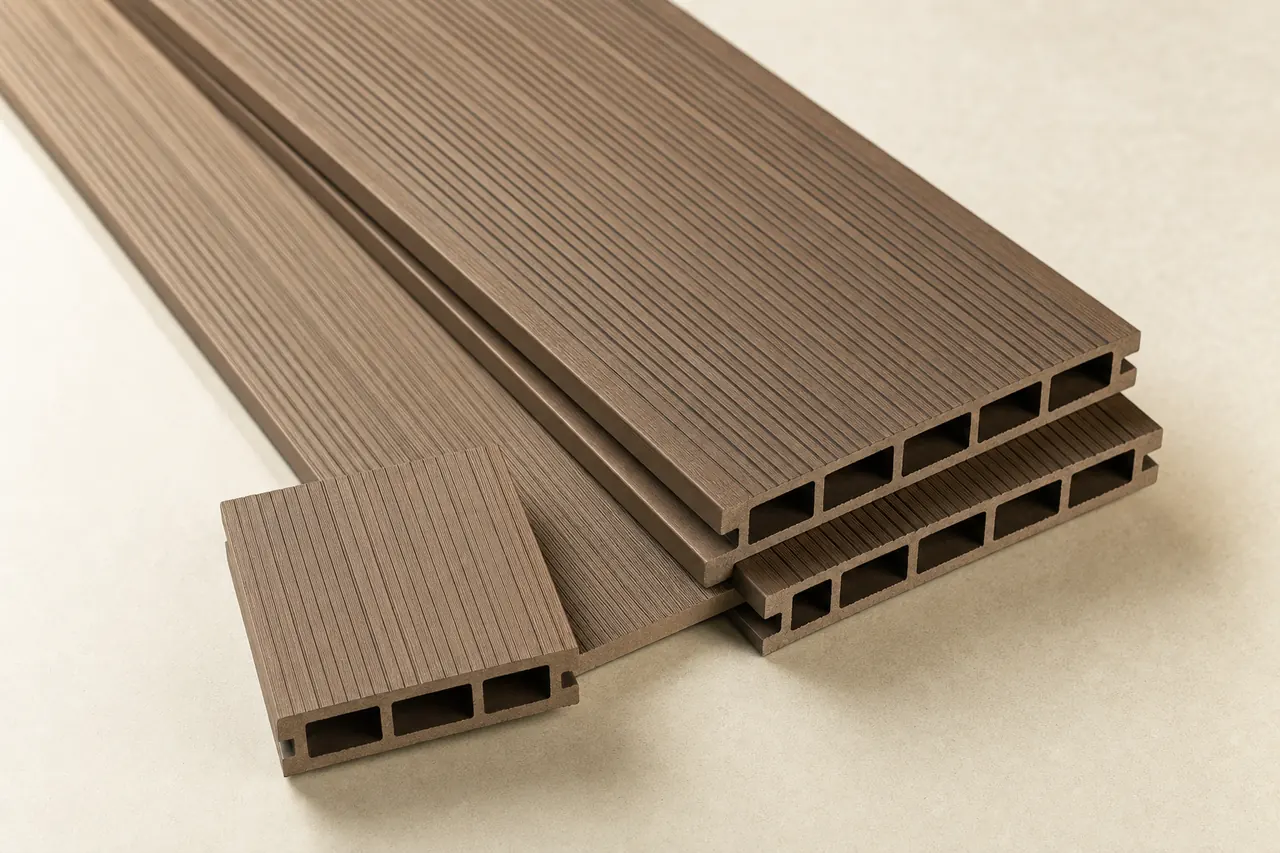 Grooved brown composite decking boards with a hollow cut-end sample.