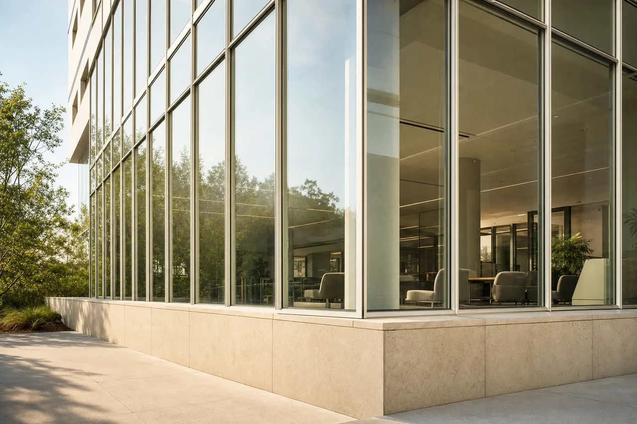 A glass building facade with a regular grid of aluminium mullions and transoms.