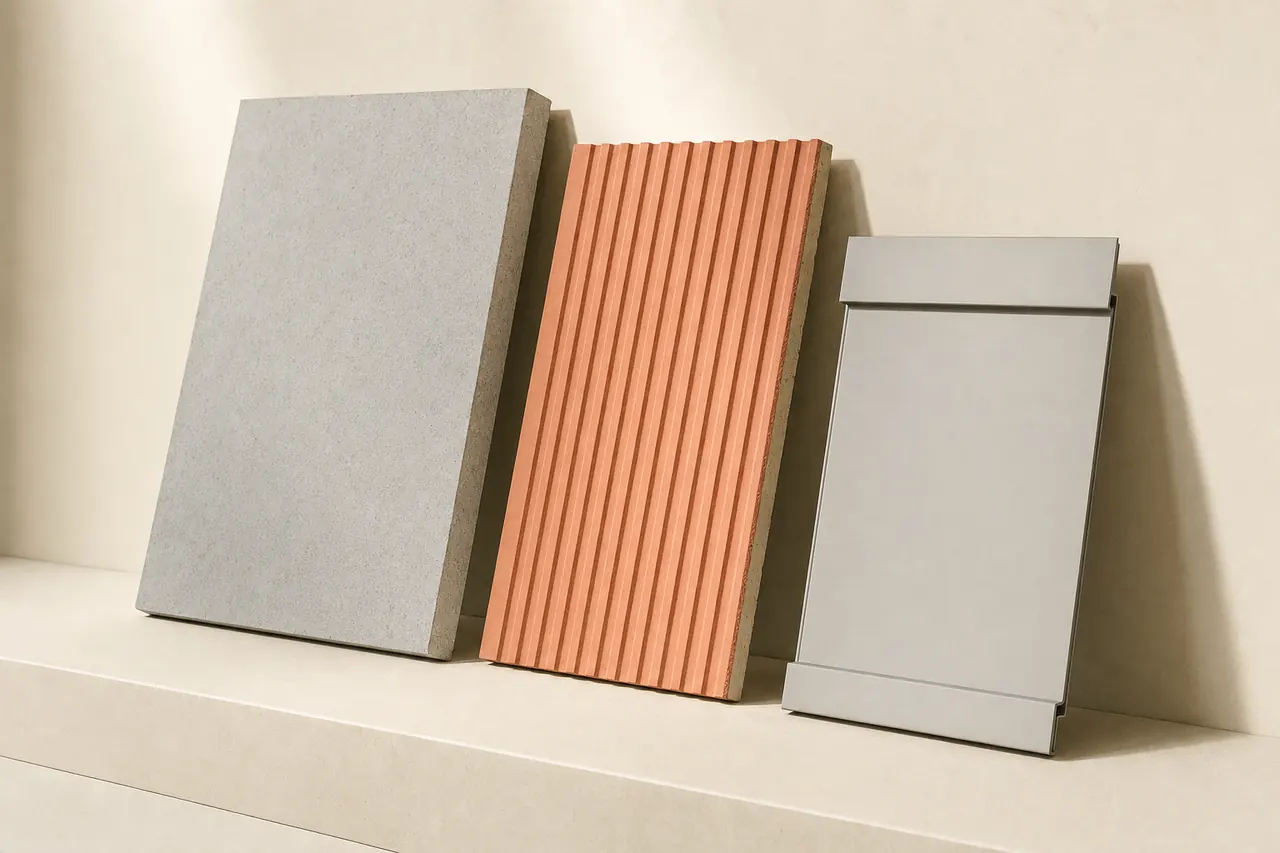 Grey, ribbed terracotta and folded metal facade panel samples.