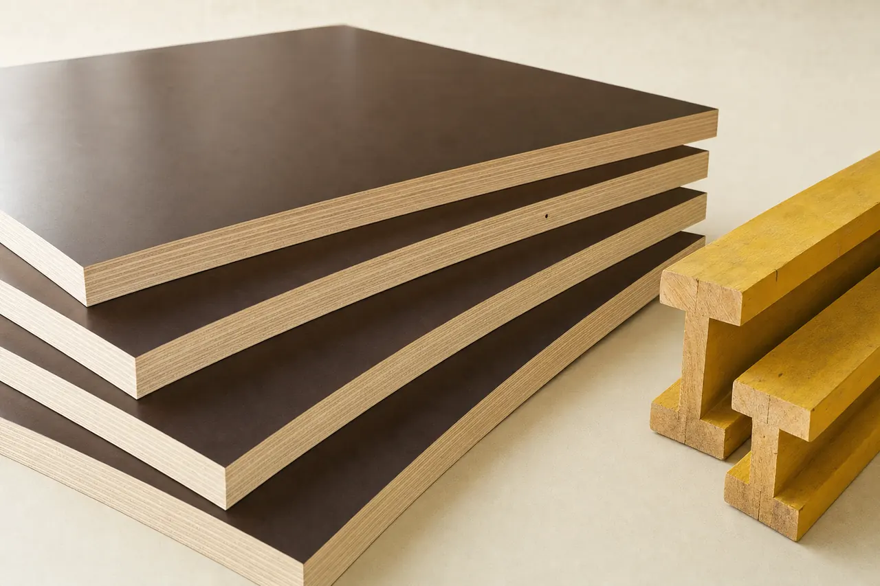 Brown film-faced plywood panels beside yellow timber formwork beams.