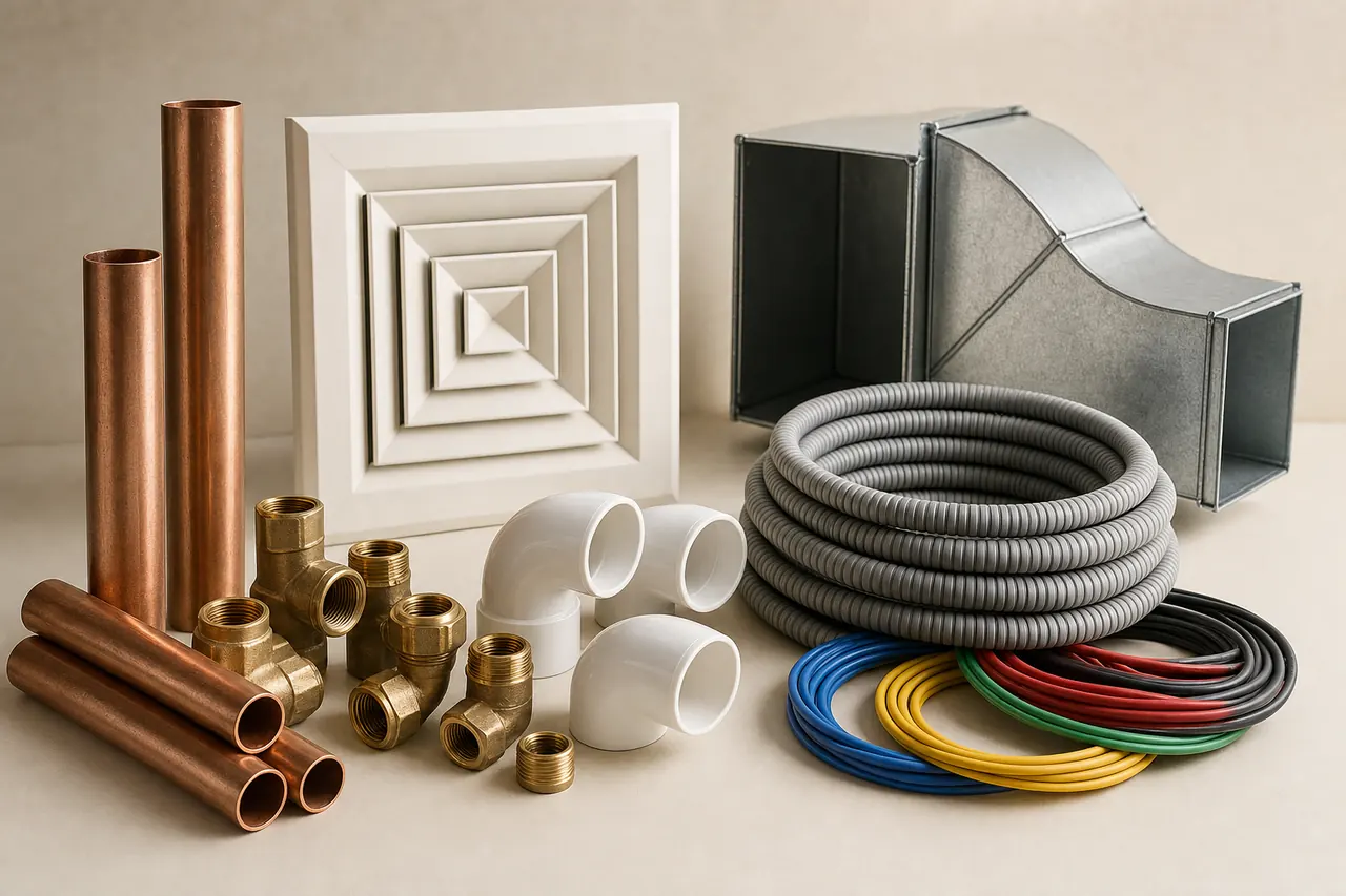 Copper and plastic pipes with brass fittings beside cable and duct samples.