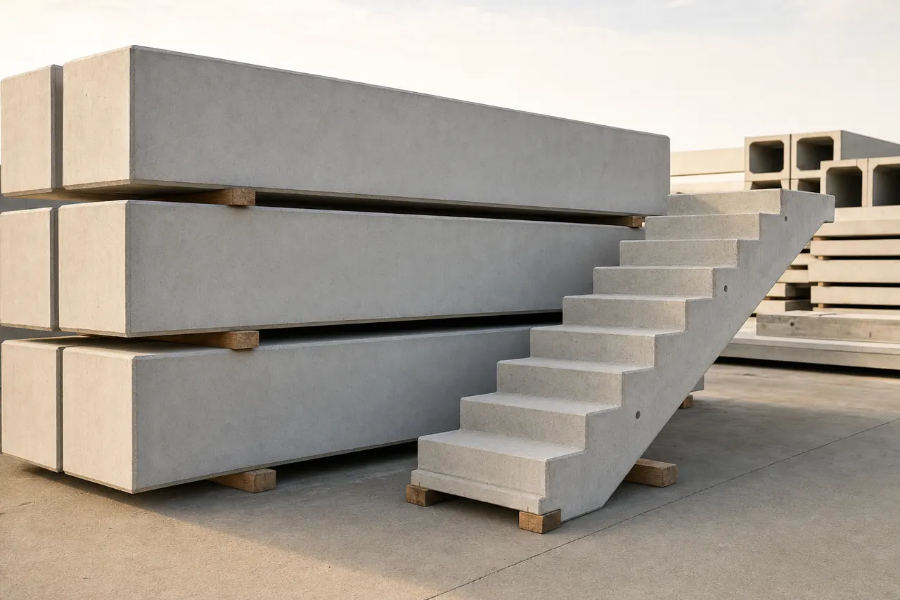 Precast concrete beams on timber spacers beside a concrete stair flight.