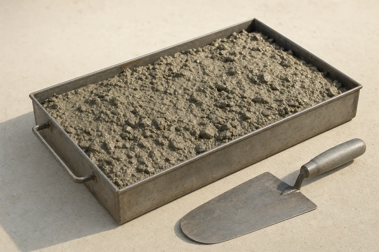 Çelik bir tekne içinde taze beton ve yanında çelik mala.