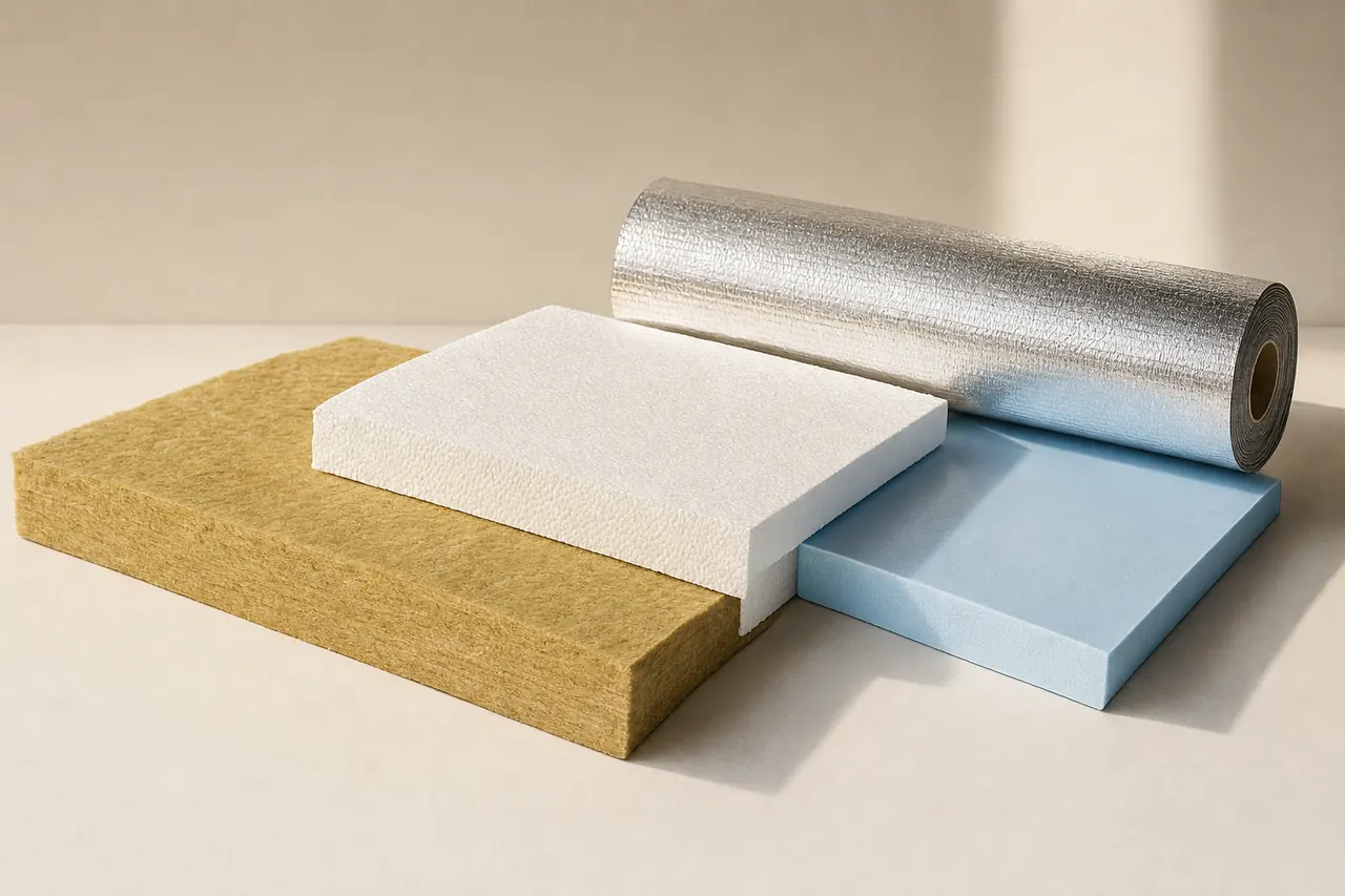 Mineral wool and rigid insulation boards beside a reflective insulation roll.