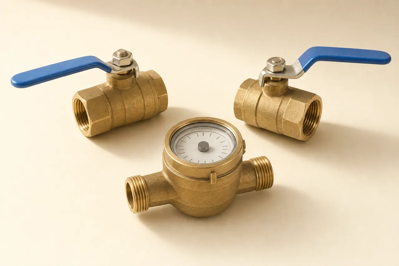 Brass lever valves and a small water meter with a circular dial.