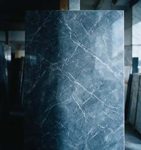 An upright dark natural-stone slab with light veining